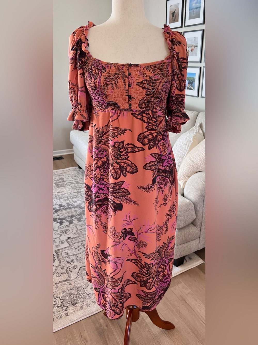 Anthropologie Puff-Sleeve Botanical Floral Bird Print Open Tie Back Dress Size M